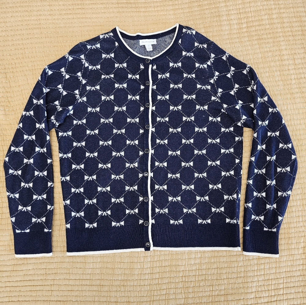 Charter Club Navy Bow-Pattern Button Cardigan Sweater Preppy Girlhoodcore Chic‎